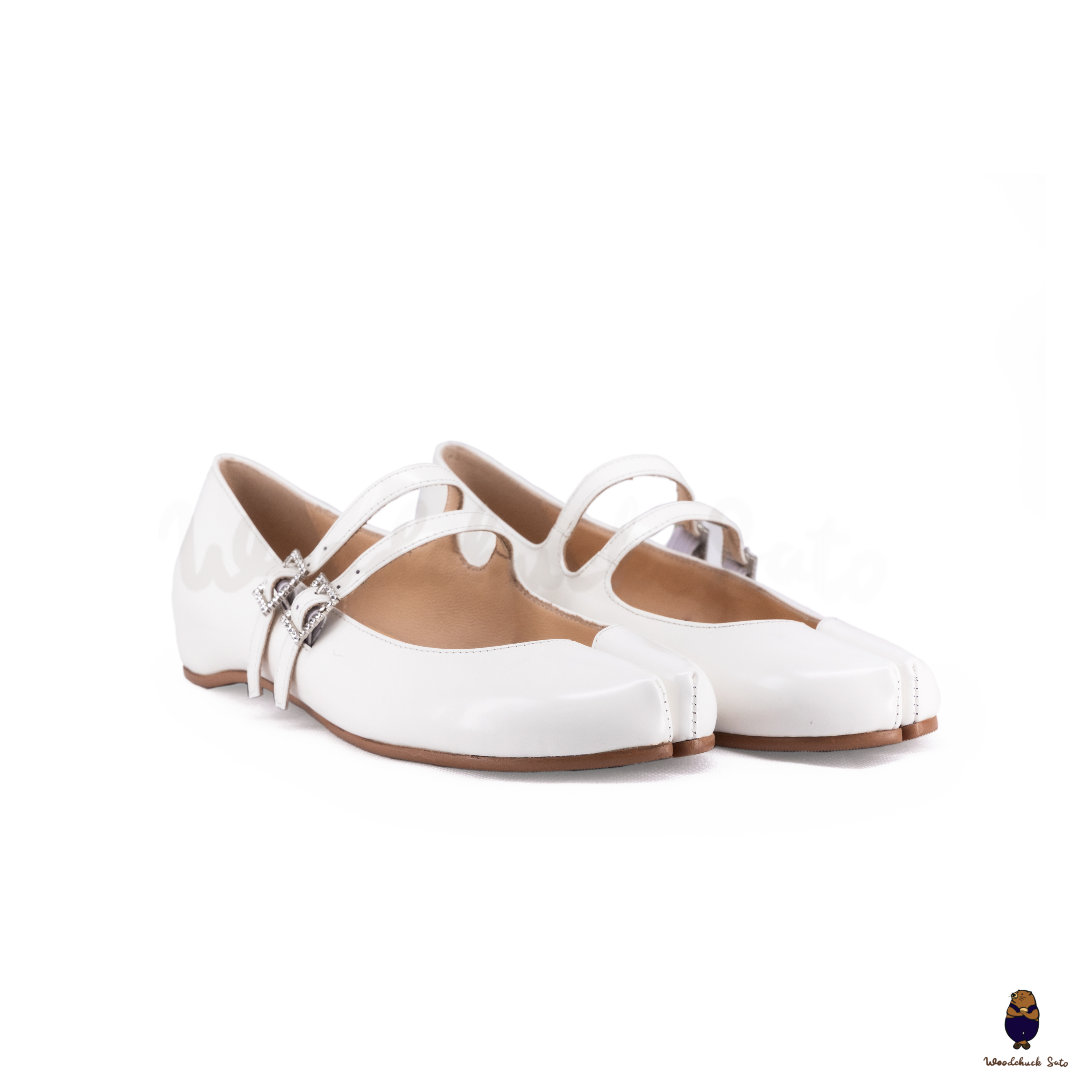 WoodchuckSato White Patent Cow Leather Tabi Mary Jane Flats with