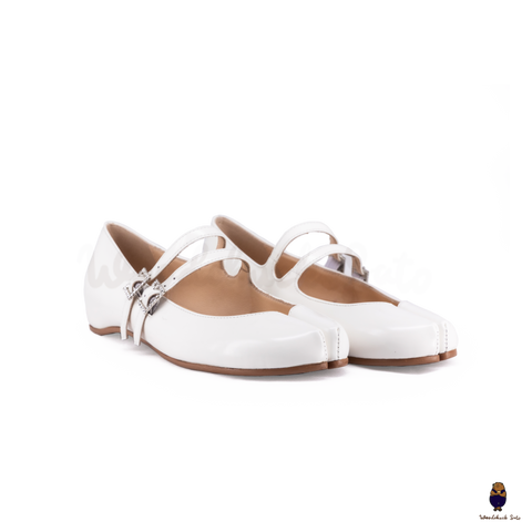 WoodchuckSato White Patent Leather Double-Strap Tabi Mary Jane Shoes Split-Toe Flats in Sizes 35 to 45