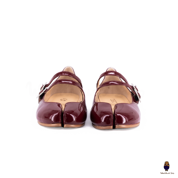 WoodchuckSato Burgundy Patent Leather Double-Strap Tabi Mary Jane Shoes Split-Toe Flats in Sizes 35 to 45