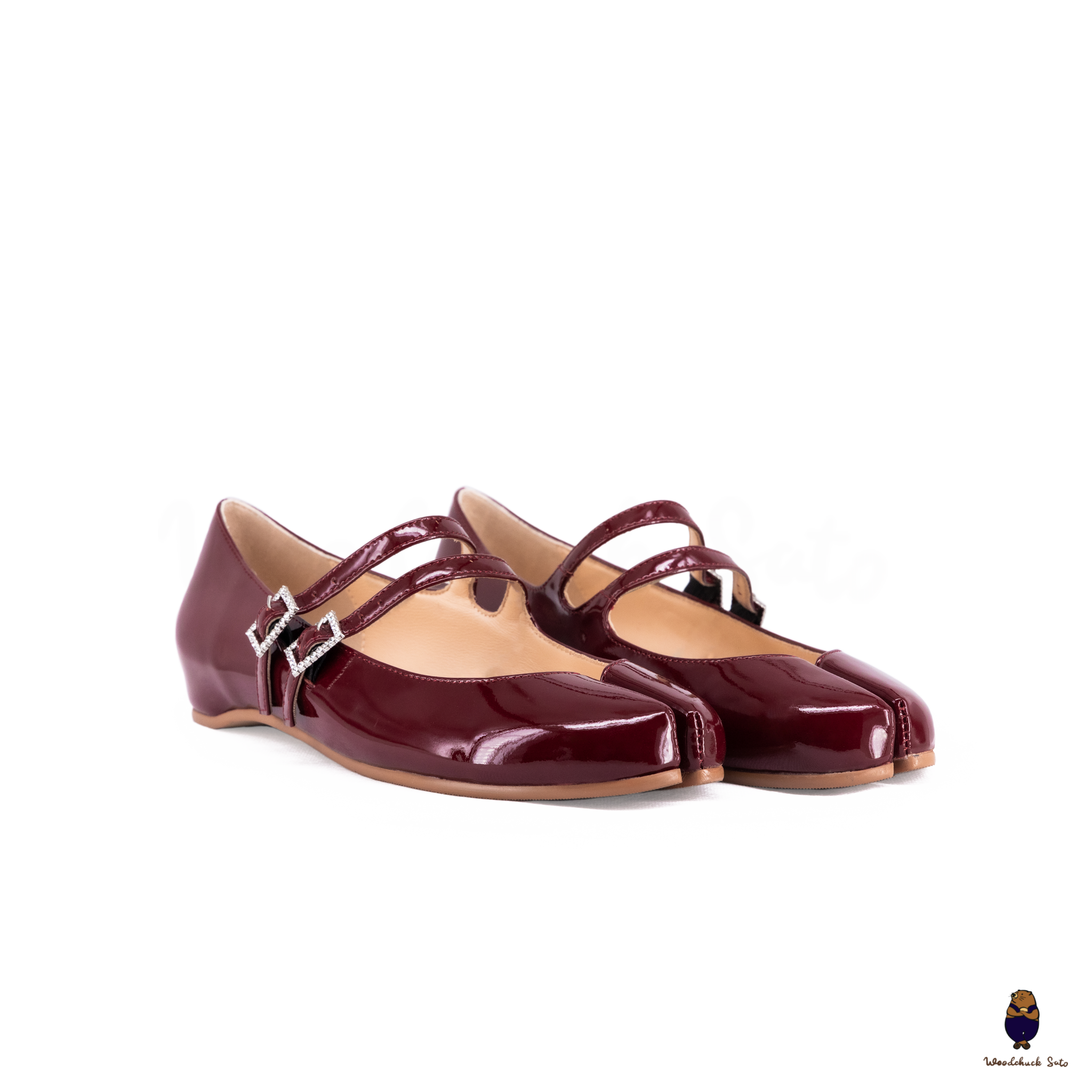 WoodchuckSato Burgundy Patent Leather Double-Strap Tabi Mary Jane Shoes Split-Toe Flats in Sizes 35 to 45