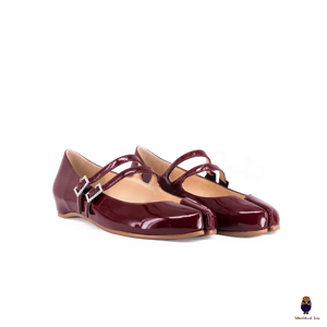 WoodchuckSato Burgundy Patent Leather Double-Strap Tabi Mary Jane Shoes Split-Toe Flats in Sizes 35 to 45