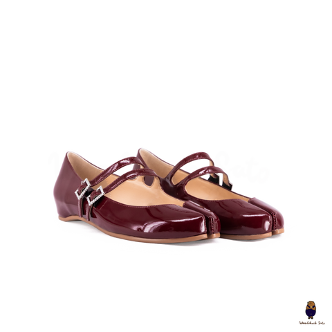 WoodchuckSato Burgundy Patent Leather Double-Strap Tabi Mary Jane Shoes Split-Toe Flats in Sizes 35 to 45