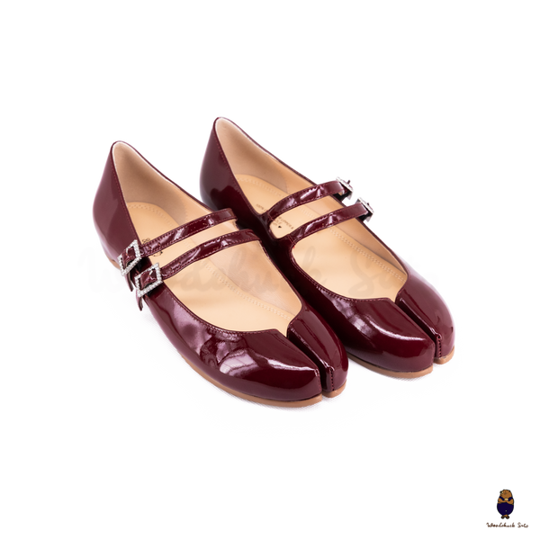 WoodchuckSato Burgundy Patent Leather Double-Strap Tabi Mary Jane Shoes Split-Toe Flats in Sizes 35 to 45