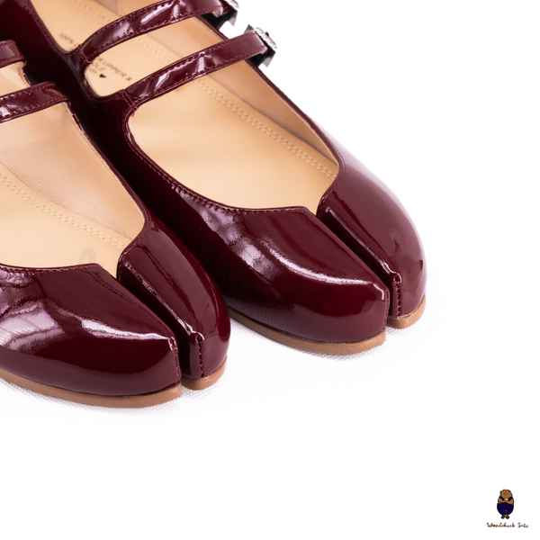 WoodchuckSato Burgundy Patent Leather Double-Strap Tabi Mary Jane Shoes Split-Toe Flats in Sizes 35 to 45