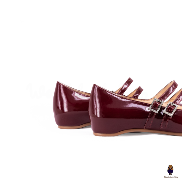 WoodchuckSato Burgundy Patent Leather Double-Strap Tabi Mary Jane Shoes Split-Toe Flats in Sizes 35 to 45