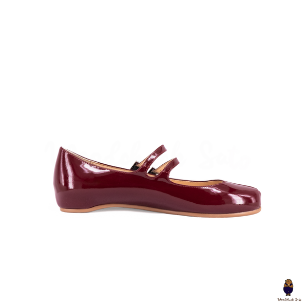 WoodchuckSato Burgundy Patent Leather Double-Strap Tabi Mary Jane Shoes Split-Toe Flats in Sizes 35 to 45