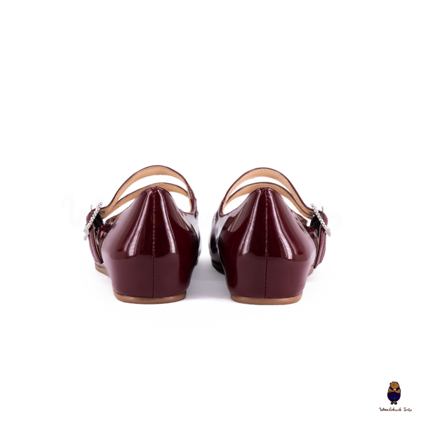 WoodchuckSato Burgundy Patent Leather Double-Strap Tabi Mary Jane Shoes Split-Toe Flats in Sizes 35 to 45