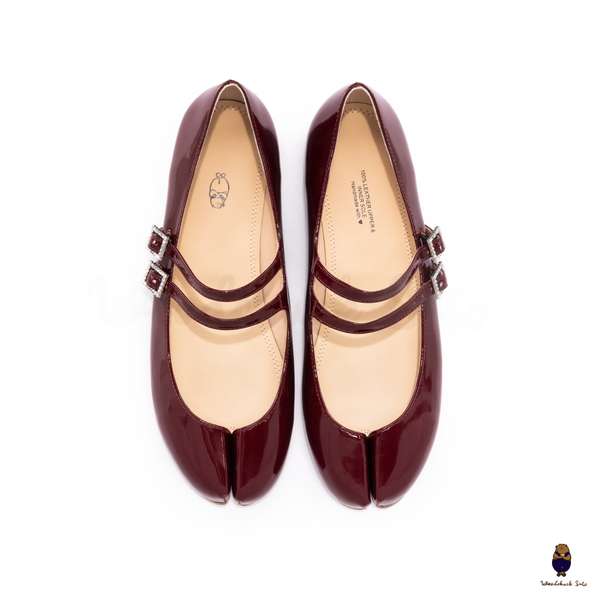WoodchuckSato Burgundy Patent Leather Double-Strap Tabi Mary Jane Shoes Split-Toe Flats in Sizes 35 to 45
