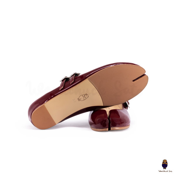 WoodchuckSato Burgundy Patent Leather Double-Strap Tabi Mary Jane Shoes Split-Toe Flats in Sizes 35 to 45