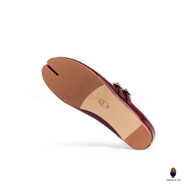 WoodchuckSato Burgundy Patent Leather Double-Strap Tabi Mary Jane Shoes Split-Toe Flats in Sizes 35 to 45