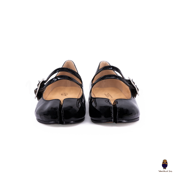 WoodchuckSato Black Patent Leather Double-Strap Tabi Mary Jane Shoes Split-Toe Flats in Sizes 35 to 45