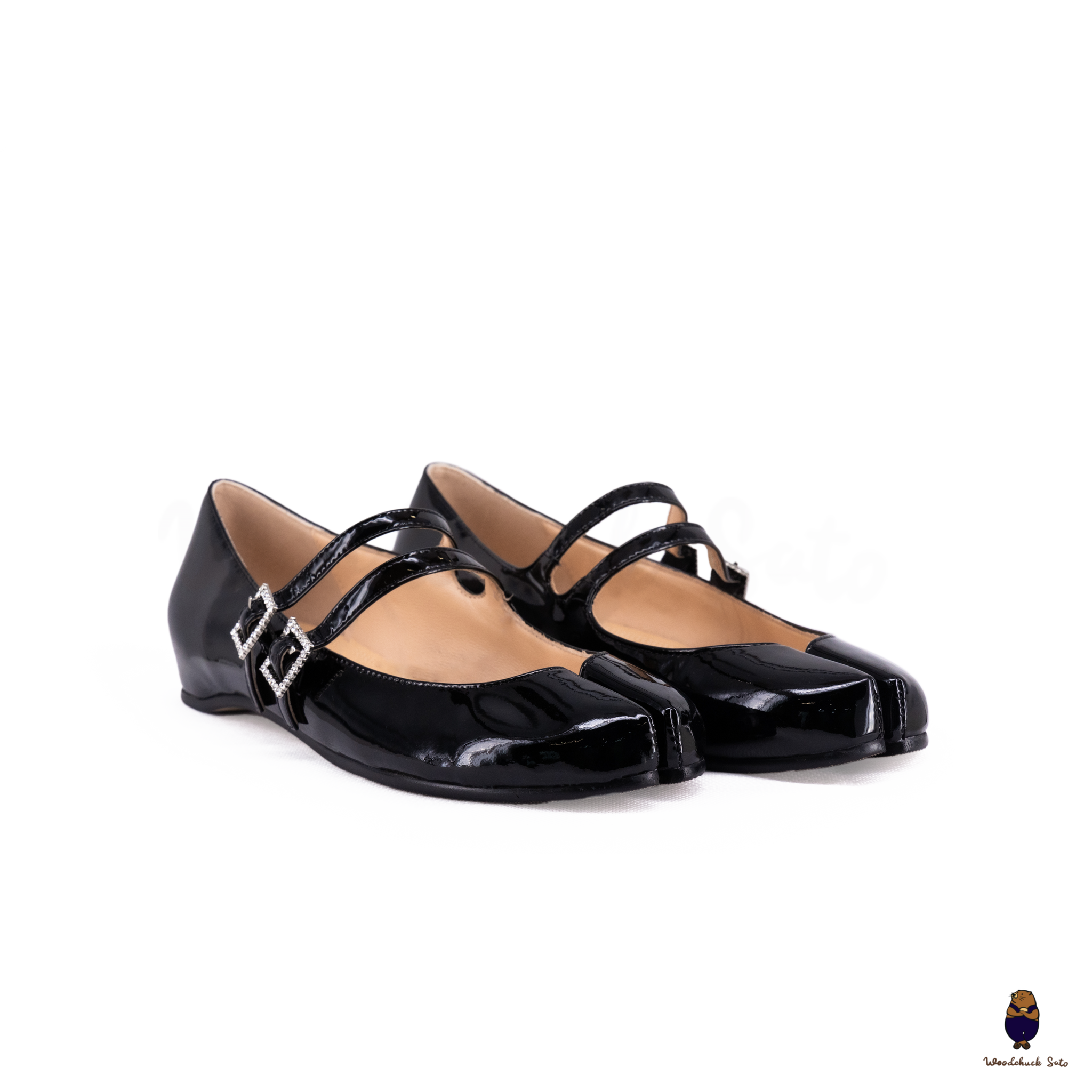 WoodchuckSato Black Patent Leather Double-Strap Tabi Mary Jane Shoes Split-Toe Flats in Sizes 35 to 45