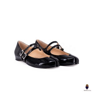 WoodchuckSato Black Patent Leather Double-Strap Tabi Mary Jane Shoes Split-Toe Flats in Sizes 35 to 45
