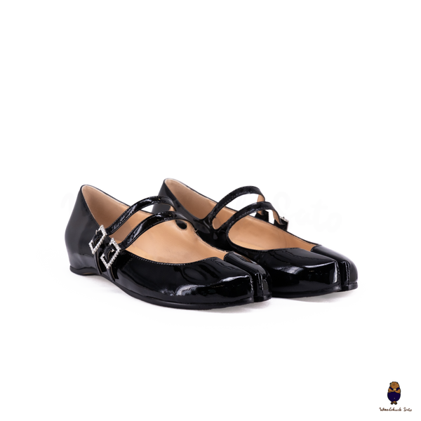 WoodchuckSato Black Patent Leather Double-Strap Tabi Mary Jane Shoes Split-Toe Flats in Sizes 35 to 45