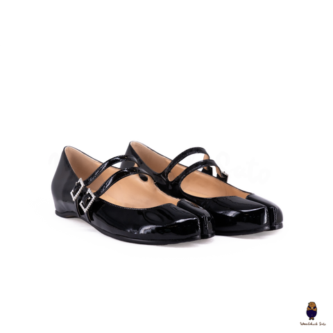 WoodchuckSato Black Patent Leather Double-Strap Tabi Mary Jane Shoes Split-Toe Flats in Sizes 35 to 45