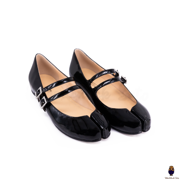 WoodchuckSato Black Patent Leather Double-Strap Tabi Mary Jane Shoes Split-Toe Flats in Sizes 35 to 45
