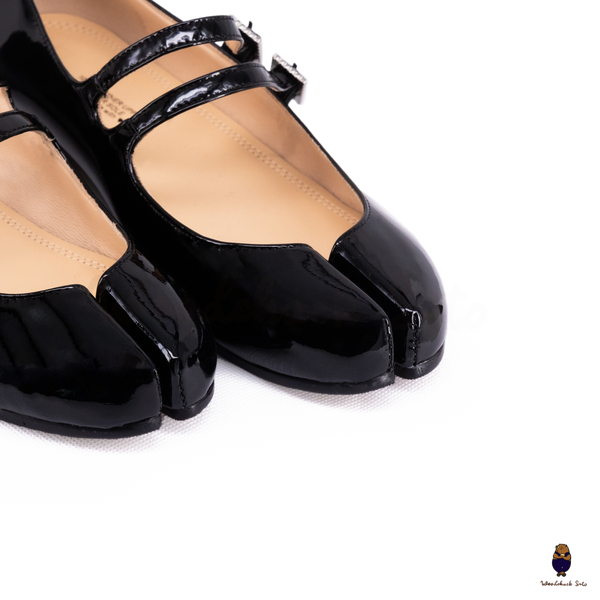 WoodchuckSato Black Patent Leather Double-Strap Tabi Mary Jane Shoes Split-Toe Flats in Sizes 35 to 45