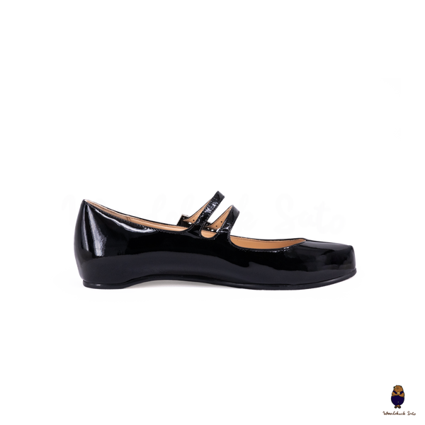 WoodchuckSato Black Patent Leather Double-Strap Tabi Mary Jane Shoes Split-Toe Flats in Sizes 35 to 45