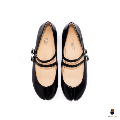 WoodchuckSato Black Patent Cow Leather Tabi Mary Jane Flats with