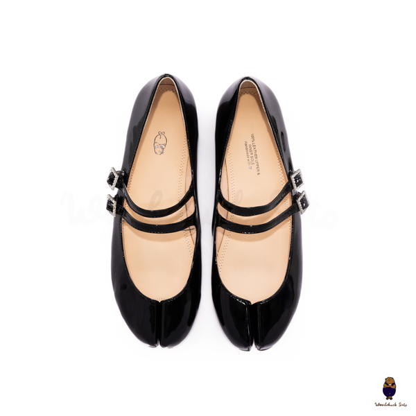 WoodchuckSato Black Patent Leather Double-Strap Tabi Mary Jane Shoes Split-Toe Flats in Sizes 35 to 45