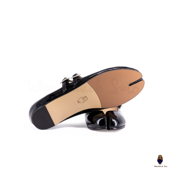 WoodchuckSato Black Patent Leather Double-Strap Tabi Mary Jane Shoes Split-Toe Flats in Sizes 35 to 45