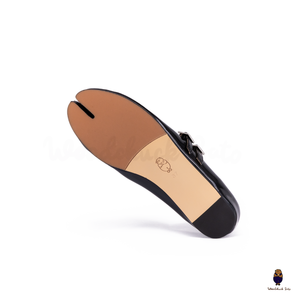WoodchuckSato Black Patent Leather Double-Strap Tabi Mary Jane Shoes Split-Toe Flats in Sizes 35 to 45