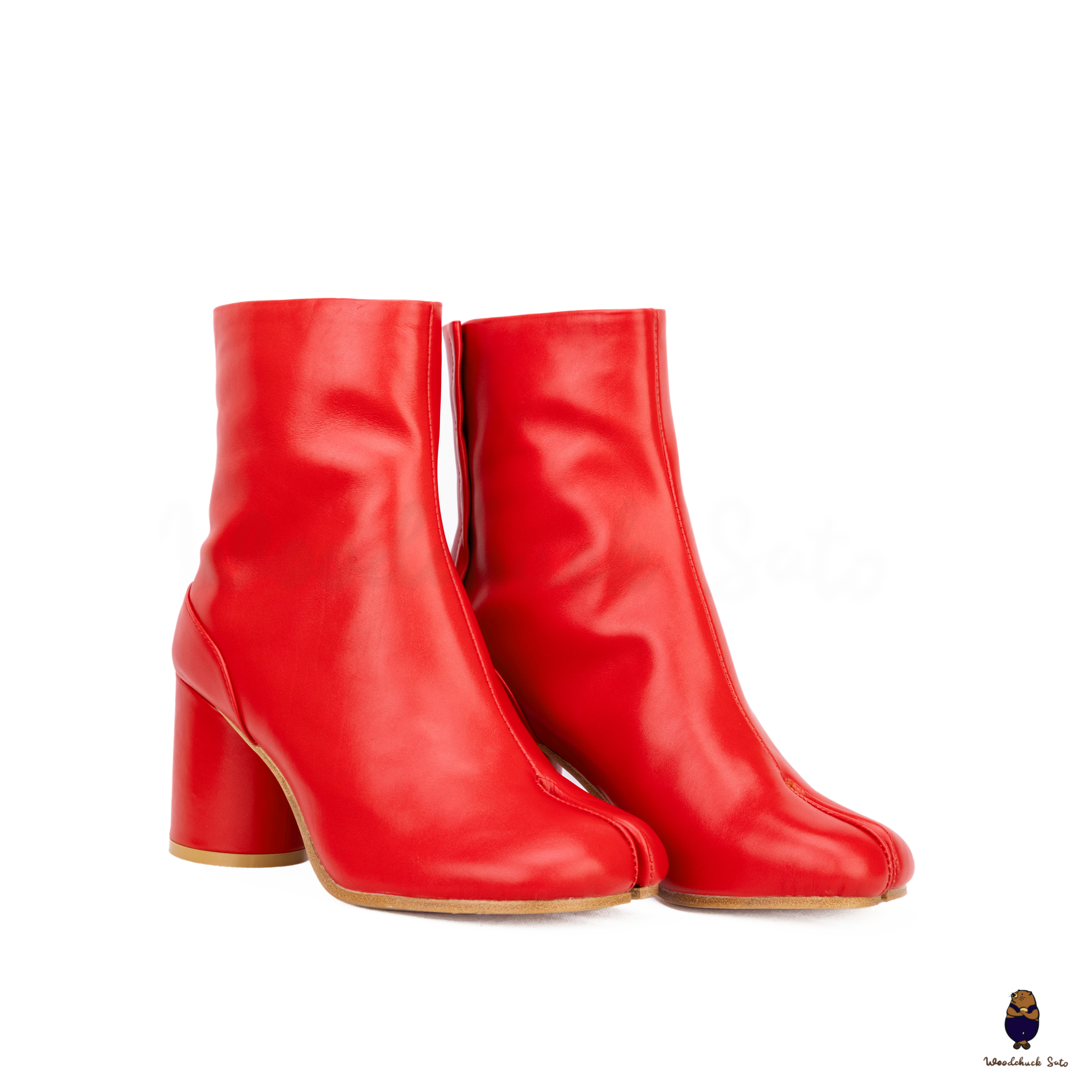 WoodChuckSato Women's Men's Bright Red Tabi Split-Toe Cow Leather Boots with 8cm Heel Height Sizes EU 35-48
