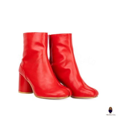WoodchuckSato Japanese Red Cow Leather Tabi Ankle Boots 8 cm Heel