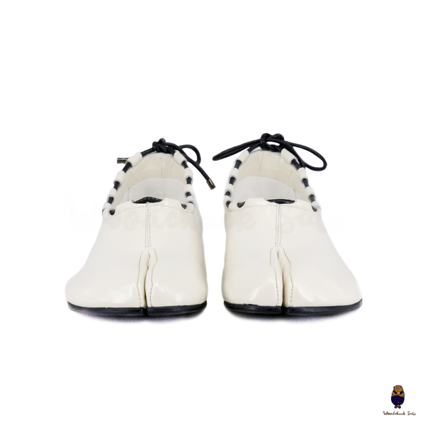 WoodchuckSato Ivory white Leather Tabi Mary Jane Heels with Black Rope Trim