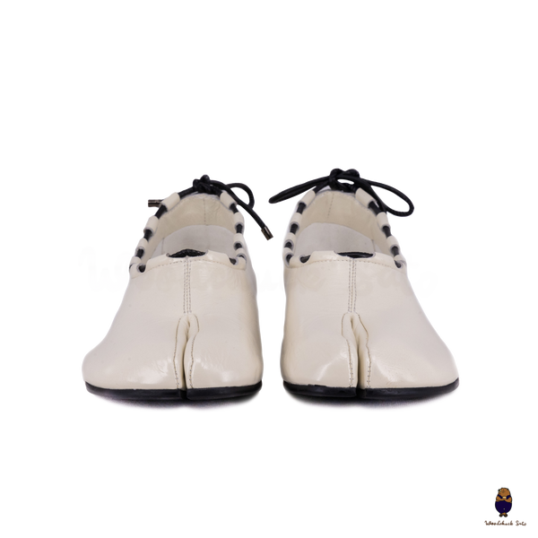 WoodchuckSato Ivory Leather Tabi Mary Jane Heels with Black Rope Trim
