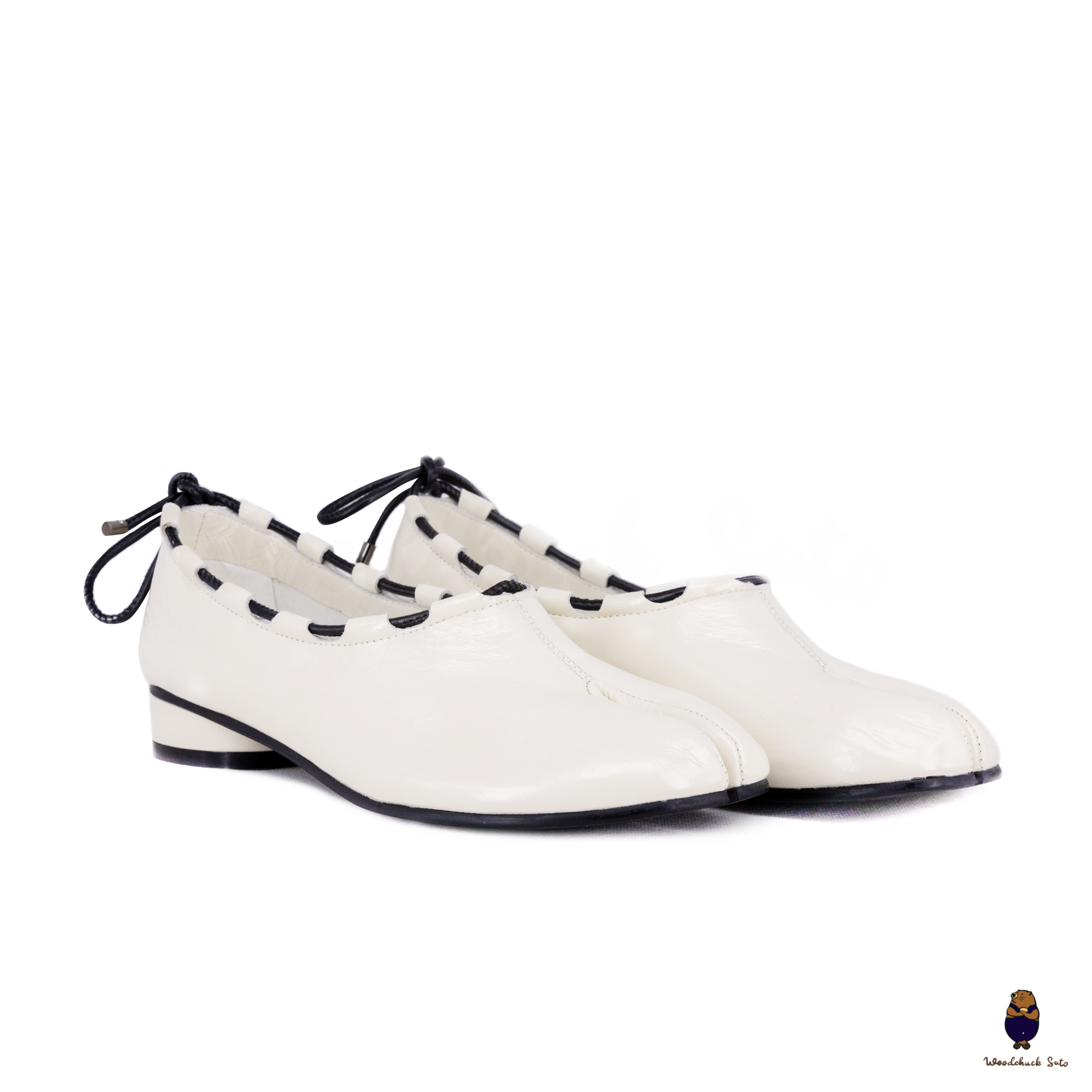 WoodchuckSato Ivory white Leather Tabi Mary Jane Heels with Black