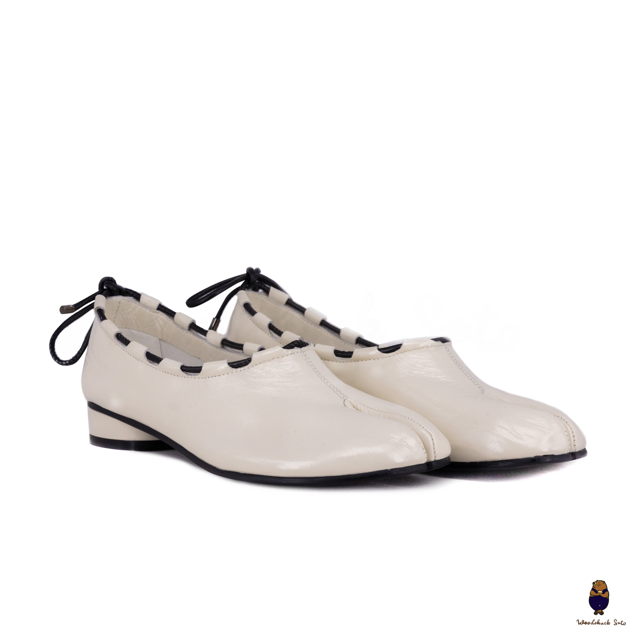 WoodchuckSato Ivory Leather Tabi Mary Jane Heels with Black Rope Trim