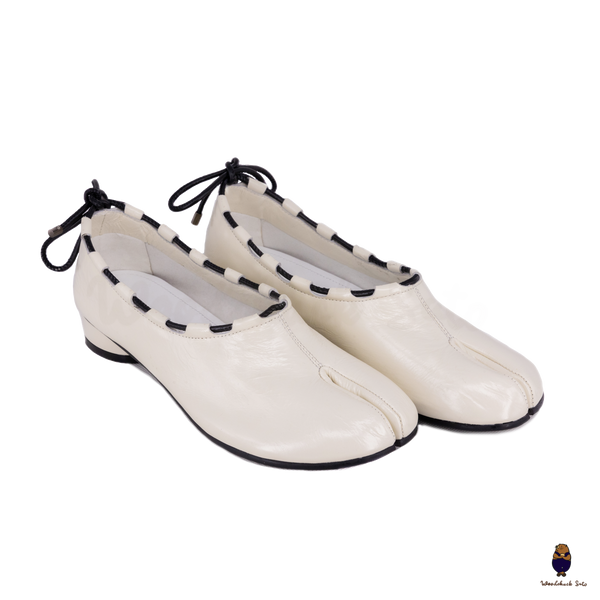 WoodchuckSato Ivory Leather Tabi Mary Jane Heels with Black Rope Trim