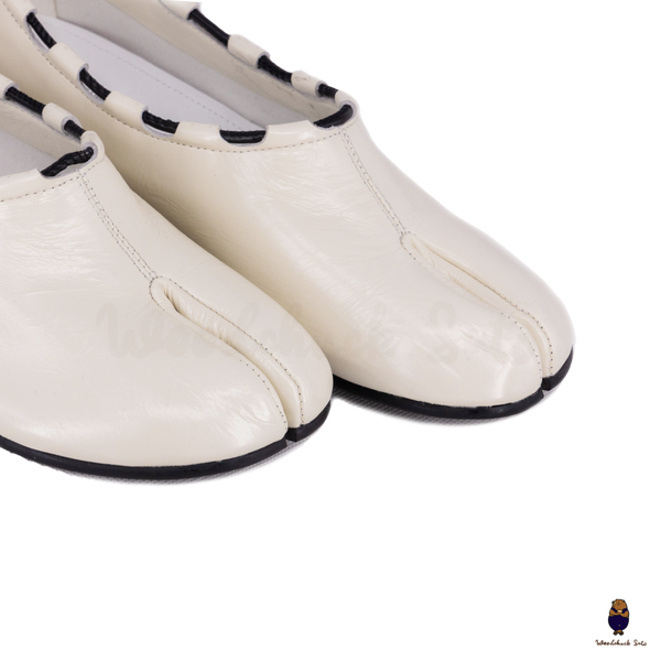 WoodchuckSato Ivory Leather Tabi Mary Jane Heels with Black Rope Trim