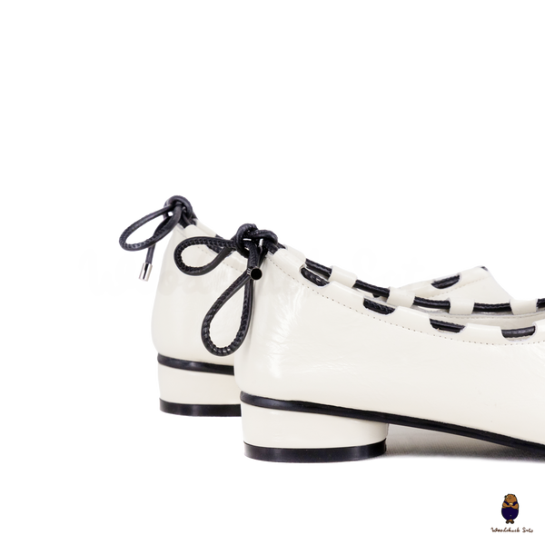 WoodchuckSato Ivory white Leather Tabi Mary Jane Heels with Black Rope Trim
