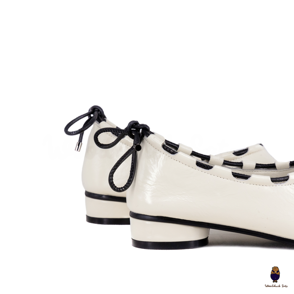 WoodchuckSato Ivory Leather Tabi Mary Jane Heels with Black Rope Trim