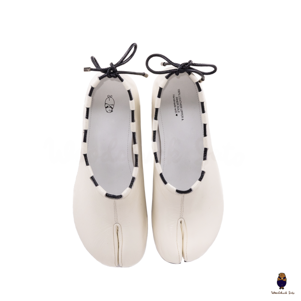 WoodchuckSato Ivory Leather Tabi Mary Jane Heels with Black Rope Trim