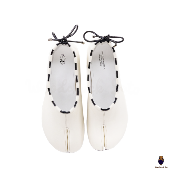 WoodchuckSato Ivory white Leather Tabi Mary Jane Heels with Black Rope Trim