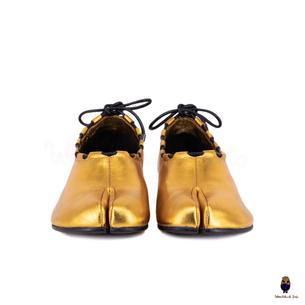 WoodchuckSato Gold Leather Tabi Heeled Flats with Black Rope Trim