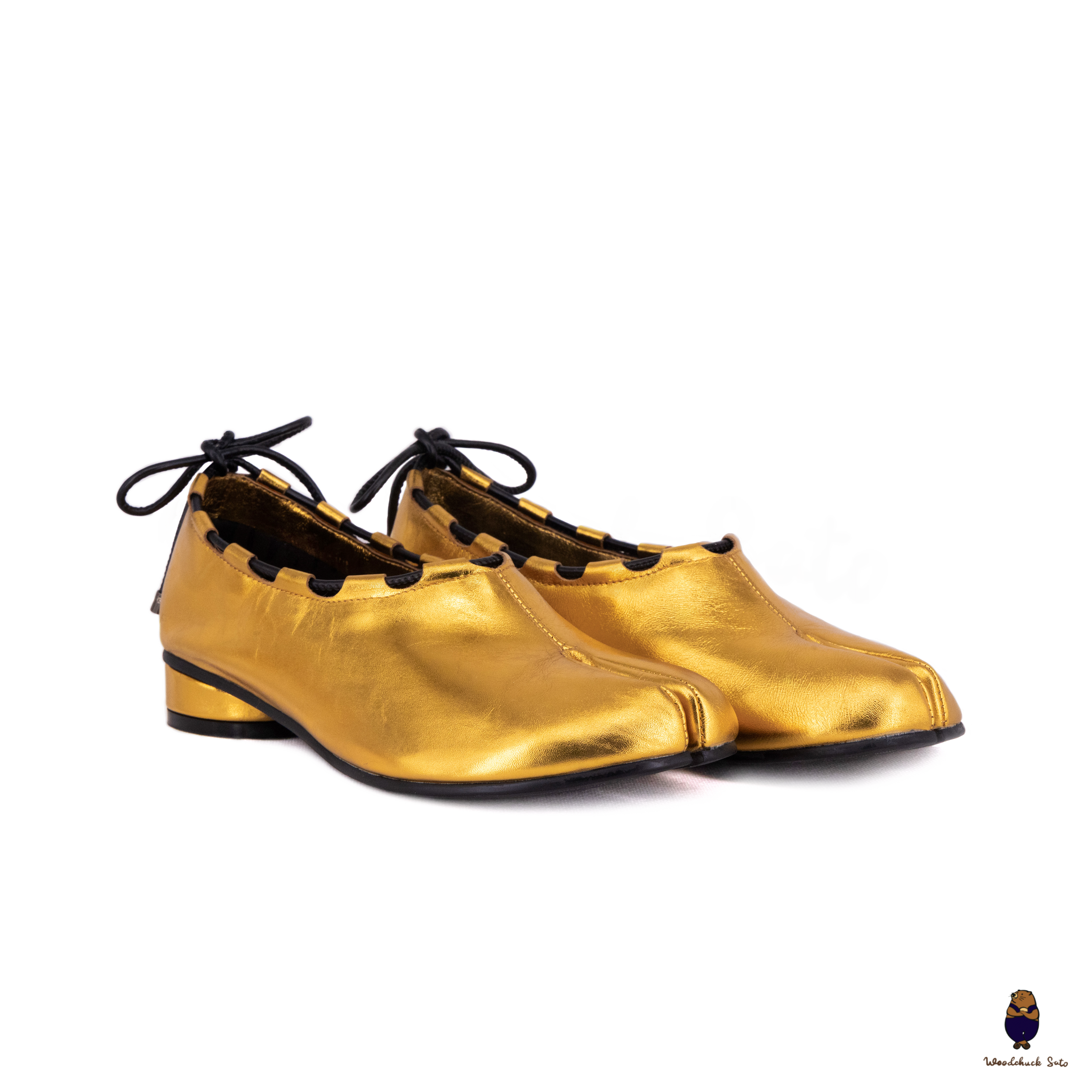 WoodchuckSato Gold Leather Tabi Heeled Flats with Black Rope Trim