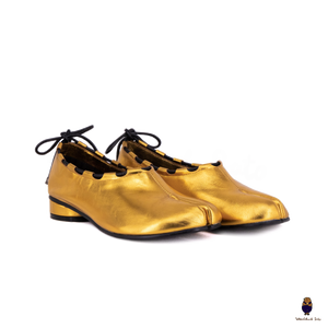 WoodchuckSato Gold Leather Tabi Heeled Flats with Black Rope Trim
