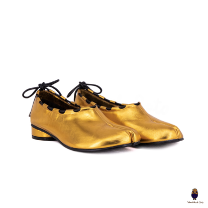 WoodchuckSato Gold Leather Tabi Heeled Flats with Black Rope Trim WoodchuckSato Gold Leather Tabi Heeled Flats with Black Rope Trim