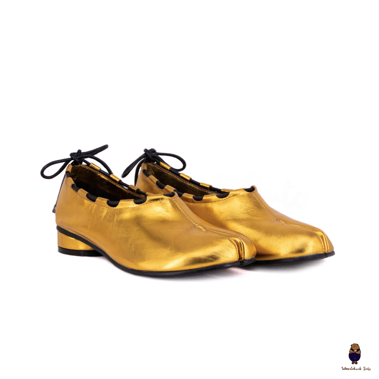 WoodchuckSato Gold Leather Tabi Heeled Flats with Black Rope Trim WoodChuckSato WoodchuckSato Gold Leather Tabi Heeled Flats with Black Rope Trim WoodChuckSato