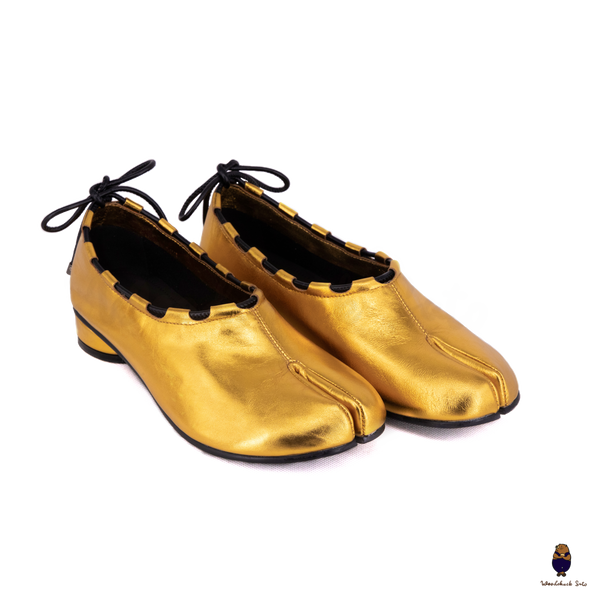 WoodchuckSato Gold Leather Tabi Heeled Flats with Black Rope Trim