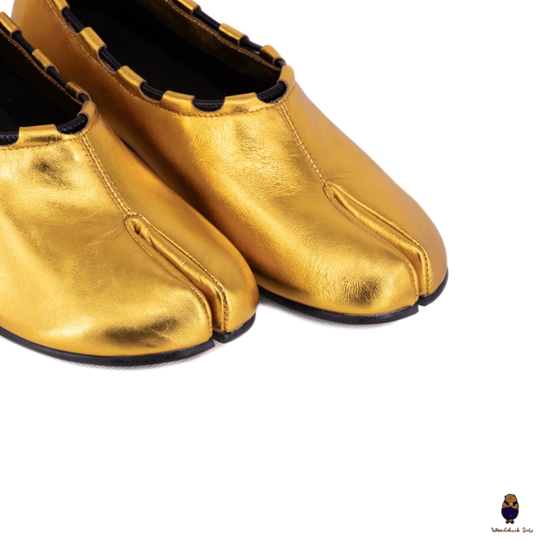 WoodchuckSato Gold Leather Tabi Heeled Flats with Black Rope Trim