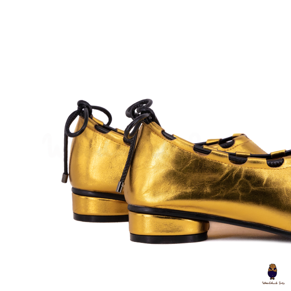 WoodchuckSato Gold Leather Tabi Heeled Flats with Black Rope Trim