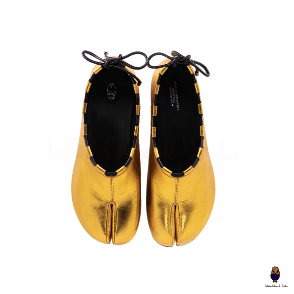 WoodchuckSato Gold Leather Tabi Heeled Flats with Black Rope Trim