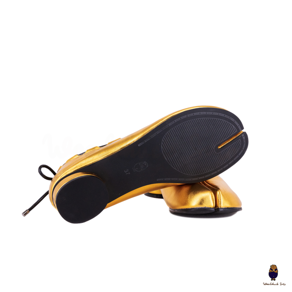 WoodchuckSato Gold Leather Tabi Heeled Flats with Black Rope Trim