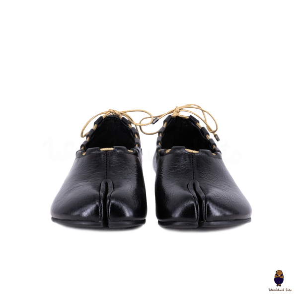 WoodchuckSato Black Leather Tabi Mary Jane Heels with Black Rope Trim