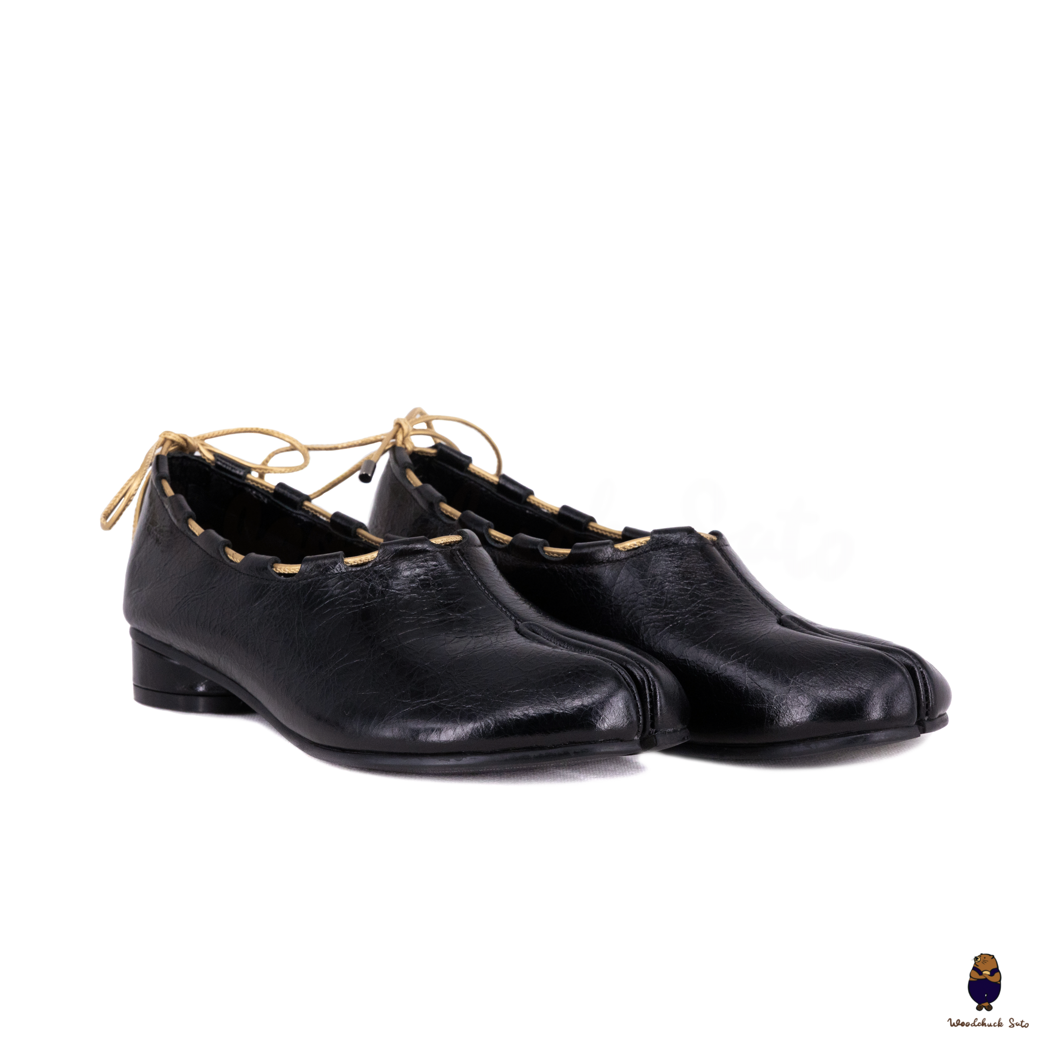 WoodchuckSato Black Leather Tabi Mary Jane Heels with Black Rope Trim